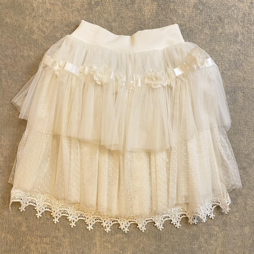 Dollcake Pettiskirt Girls Size 12 White Tulle Polka Dot Lace Trim Party Wedding